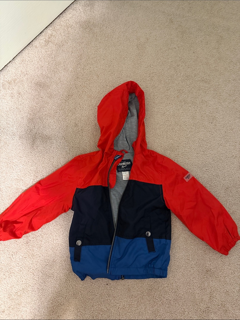 OshKosh B'gosh Red Navy and Blue Colorblock Hooded Rain Jacket